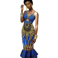 Mandotos digital print fishtail dress featuring vibrant patterns and a fitted silhouette, perfect for stylish occasions.