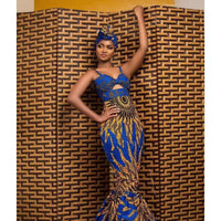 Mandotos digital print fishtail dress featuring vibrant patterns and a fitted silhouette, stylish and elegant for formal occasions.
