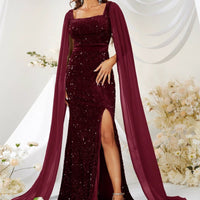 Sequin mesh fishtail dress with split design by MANDOTOS, elegant evening wear with shimmering details and flowing silhouette.