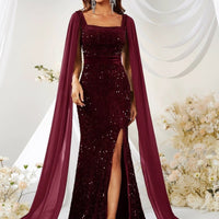 Mandotos sequin mesh fishtail dress with split detail, featuring a stylish skirt and elegant design for special occasions.