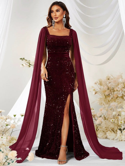Mandotos sequin mesh fishtail dress with split detail, featuring a stylish skirt and elegant design for special occasions.