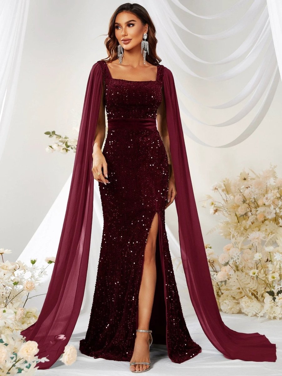 Mandotos sequin mesh fishtail dress with split detail, featuring a stylish skirt and elegant design for special occasions.