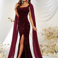 Mandotos sequin mesh fishtail dress with split design, elegant and shimmering for formal occasions.