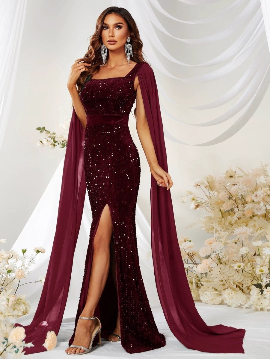 Mandotos sequin mesh fishtail dress with split design, elegant and shimmering for formal occasions.