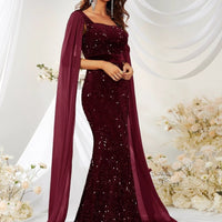 Mandotos sequin mesh fishtail dress with split design, elegant evening gown featuring a fitted silhouette and shimmering details.