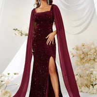 Mandotos sequin mesh fishtail dress with split design, elegant party dress with shimmering details and fitted silhouette.