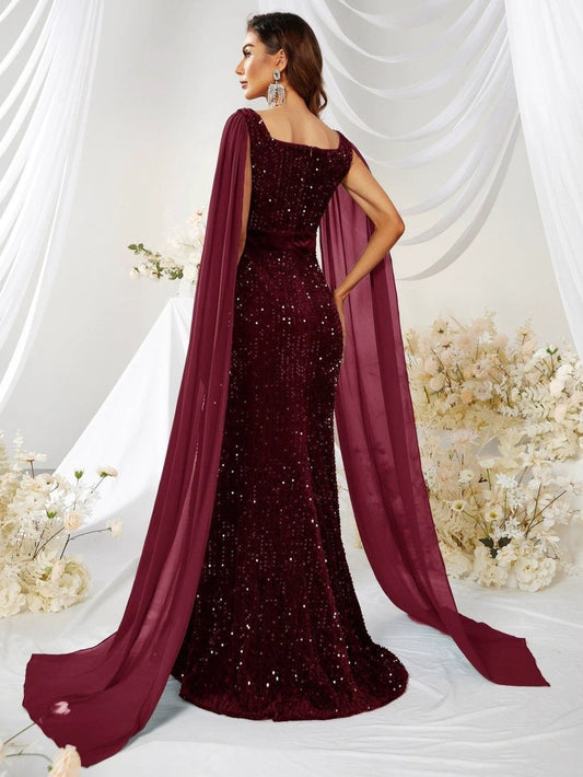 Mandotos sequin mesh fishtail dress with split design, elegant evening dress featuring a fitted silhouette and shimmering details.