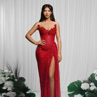 Drop-shaped diamond red paillette tube coat and dress by MANDOTOS, featuring low-cut design and high slit with sexy style.