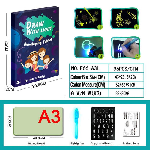 MANDOTOS educational toy drawing pad with 3D magic light effects and puzzle board for creative sketching and learning fun.