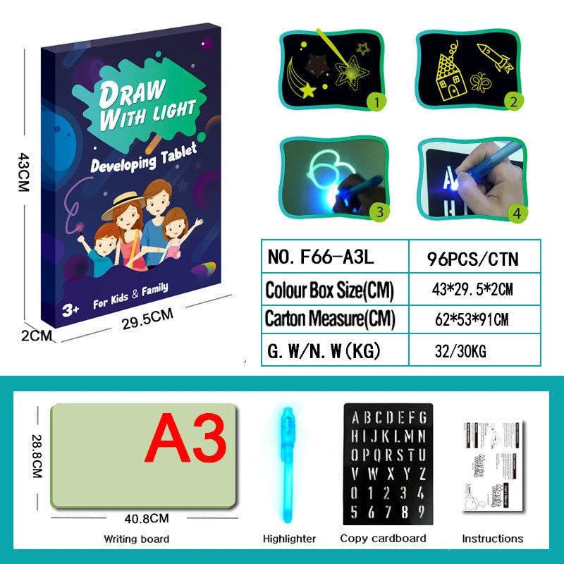 MANDOTOS educational toy drawing pad with 3D magic light effects and puzzle board for creative sketching and learning fun.
