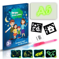 Mandotos educational drawing pad with 3D magic light effects and puzzle board for kids' creative sketching and learning.