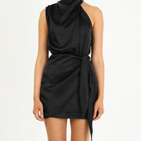 Elegant MANDOTOS halter neck sleeveless dress with waist tie, perfect for evening parties, short and stylish women's fashion.