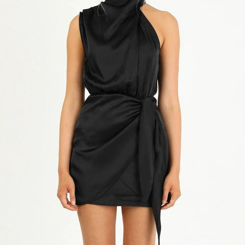 Elegant MANDOTOS halter neck sleeveless dress with waist tie, perfect for evening parties, short and stylish women's fashion.