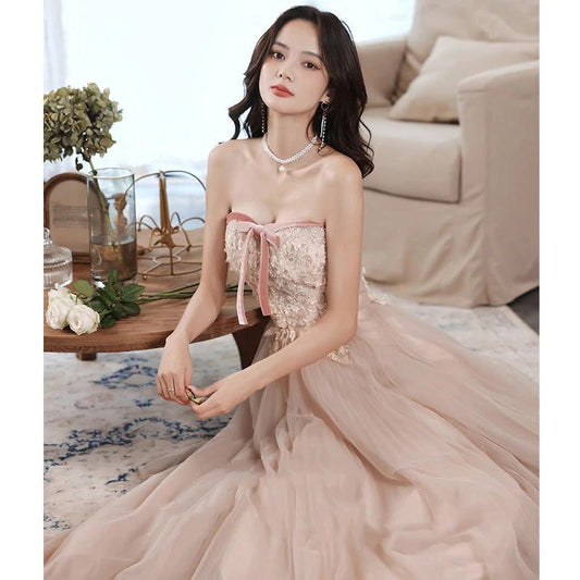 Elegant MANDOTOS tube lace sequined ball gown featuring intricate lace and shimmering sequins, perfect for prom or pageantry events.