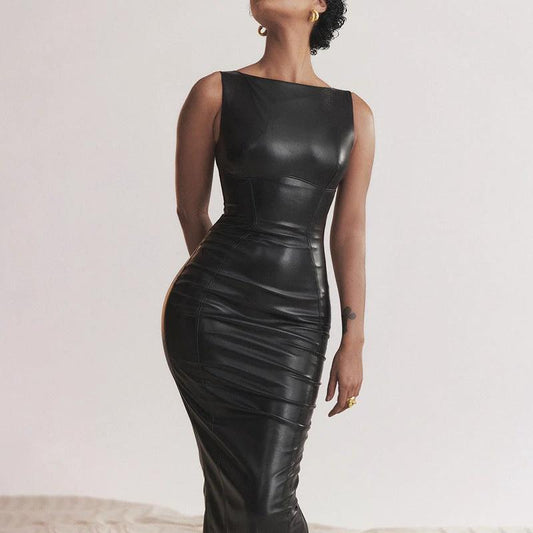 Mandotos European and American style women's autumn PU leather long dress with split, featuring a fashionable and elegant design.