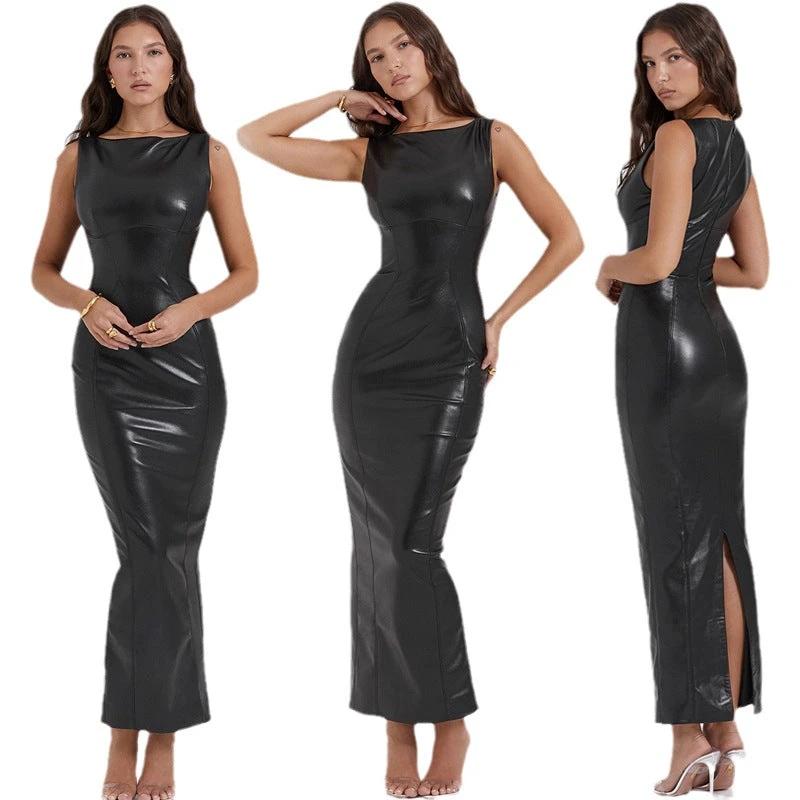 Mandotos European and American style women's autumn PU leather dress with split, long design and sleek silhouette.