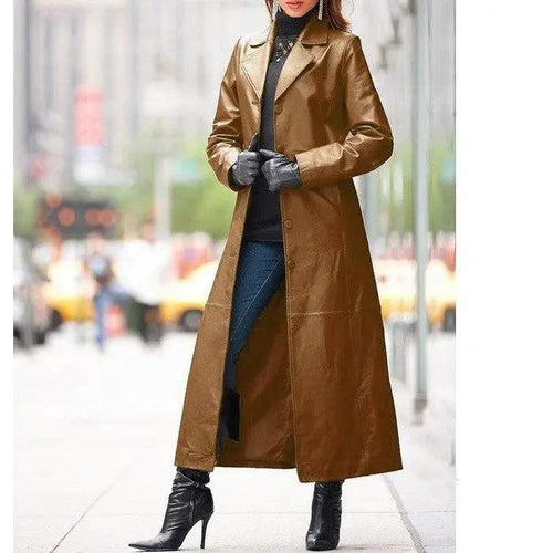 European and American women's leather long coat by MANDOTOS, displayed on a model, showcasing stylish, high-quality leather outerwear.