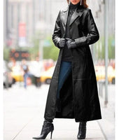 European and American women's leather long coat by MANDOTOS, shown in black with tailored fit and classic design.