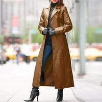 European and American women's long leather coat by MANDOTOS, stylish and fitted outerwear with a smooth leather finish.
