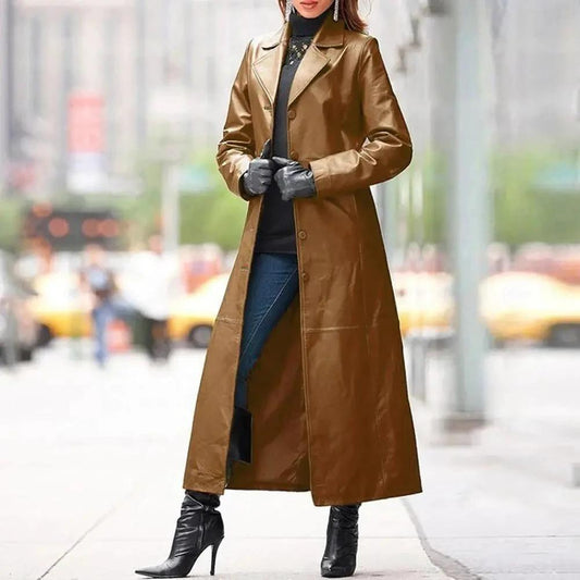 European and American women's long leather coat by MANDOTOS, stylish and fitted outerwear with a smooth leather finish.