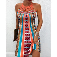 Mandotos casual summer halterneck dress with colorful fashion print, sleeveless design, perfect for warm weather wear.