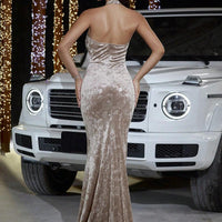 Mandotos fashion velvet halter sheath evening dress with hollow-out design, perfect for banquets and formal occasions.