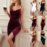 Velvet sling party dress for women with slit and pleated design, stylish and elegant fashion by MANDOTOS.