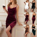 Velvet sling party dress for women with slit and pleated design, stylish and elegant fashion by MANDOTOS.