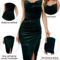 Velvet slitted party dress for women with pleats, featuring a sling style and elegant temperament, by MANDOTOS.