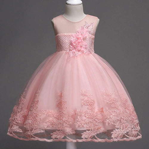 First Communion flower girl dress by Mandotos featuring lace trim, tulle fabric, and bead embroidery for special occasions.