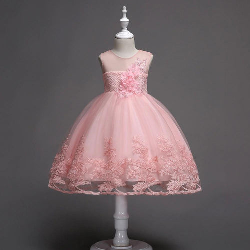 First Communion flower girl dress by Mandotos featuring lace trim, tulle fabric, and intricate bead embroidery.