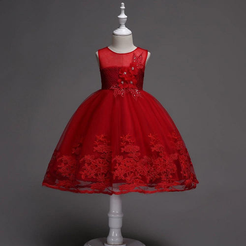 First Communion flower girl dress by Mandotos with lace trim, tulle fabric, and intricate bead embroidery.