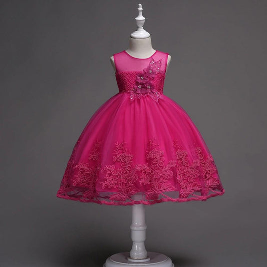 Mandotos First Communion flower girl dress with lace trim, tulle fabric, and bead embroidery, perfect for special occasions.