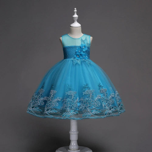 First Communion flower girl dress by Mandotos with lace trim, tulle fabric, and bead embroidery, designed for special occasions.
