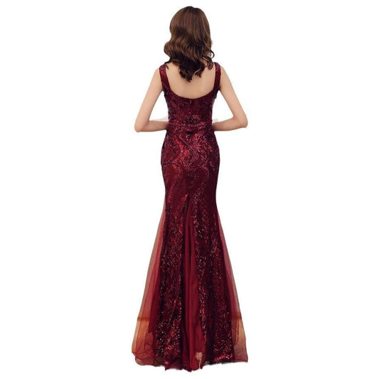 Mandotos fishtail long summer sequins sling evening dress with elegant design, perfect for banquets and formal occasions.