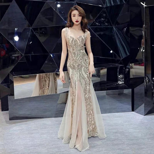 Mandotos fishtail long summer sequins sling evening dress with elegant design, suitable for banquets and formal events.