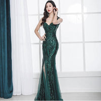 Mandotos fishtail long summer evening dress with sequins and sling design, ideal for banquets and formal events.