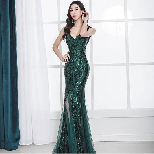 Mandotos fishtail long summer evening dress with sequins and sling design, ideal for banquets and formal events.