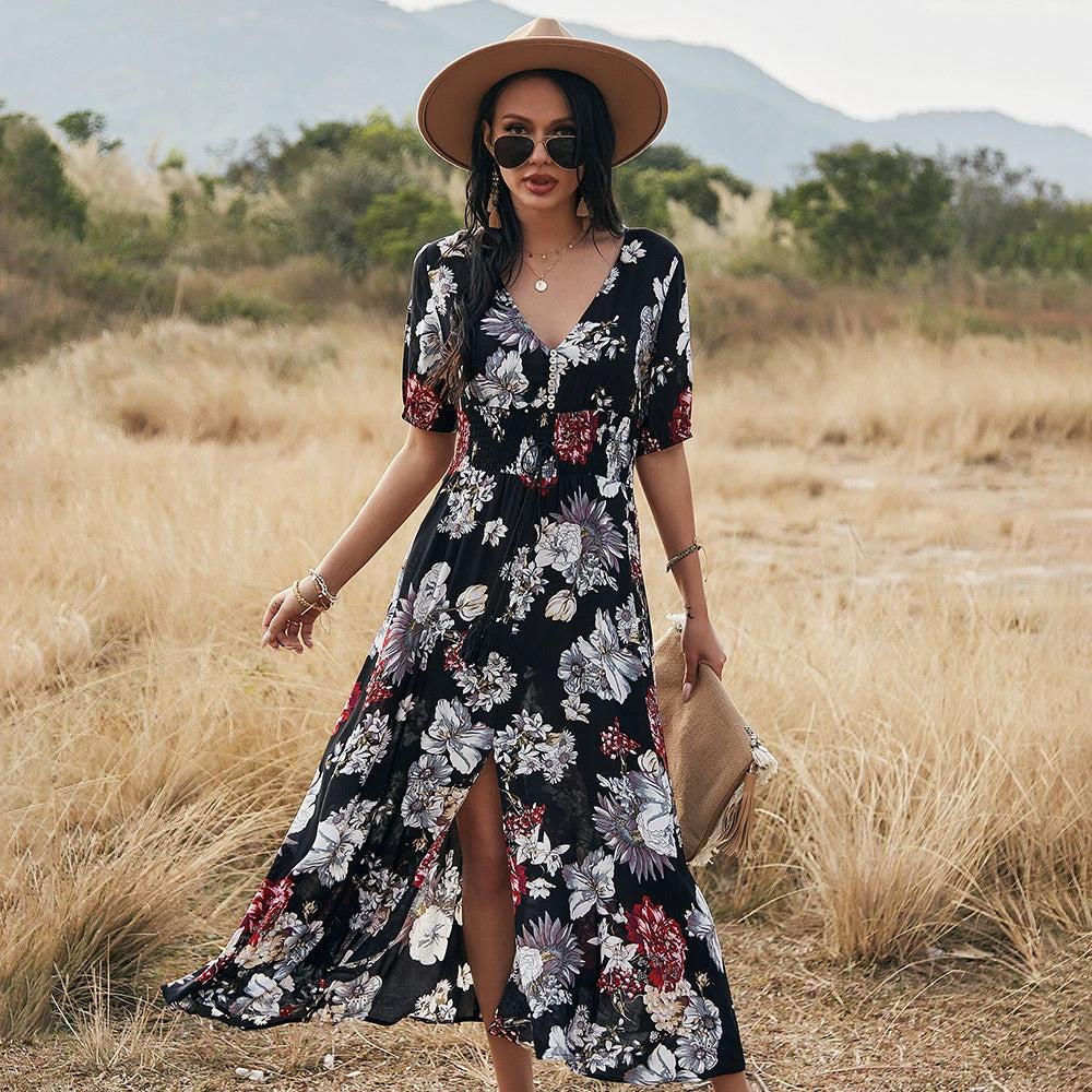 Mandotos floral summer beach dress for women with V-neck and elastic waist, lightweight and flowy for warm weather wear.