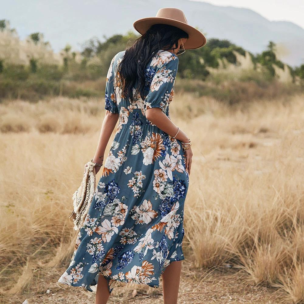 Mandotos floral summer beach dress for women with V-neck and elastic waist, lightweight and flowy for warm weather.