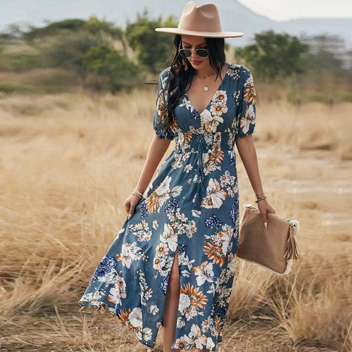 Mandotos floral summer beach dress for women with V-neck and elastic waist, lightweight and flowy for warm weather.