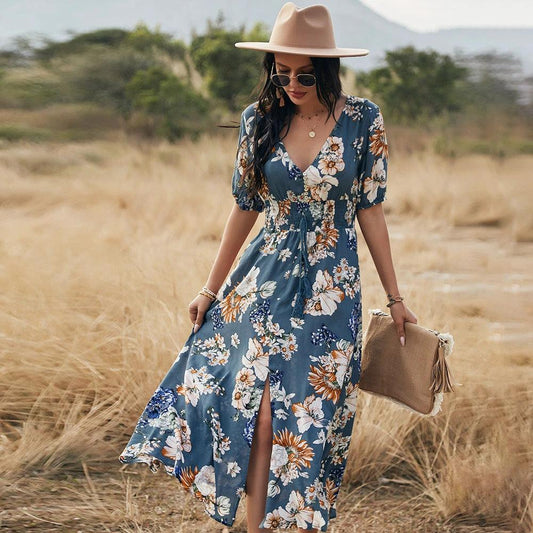 Mandotos floral summer beach dress for women with V-neck and elastic waist, lightweight and flowy for warm weather.