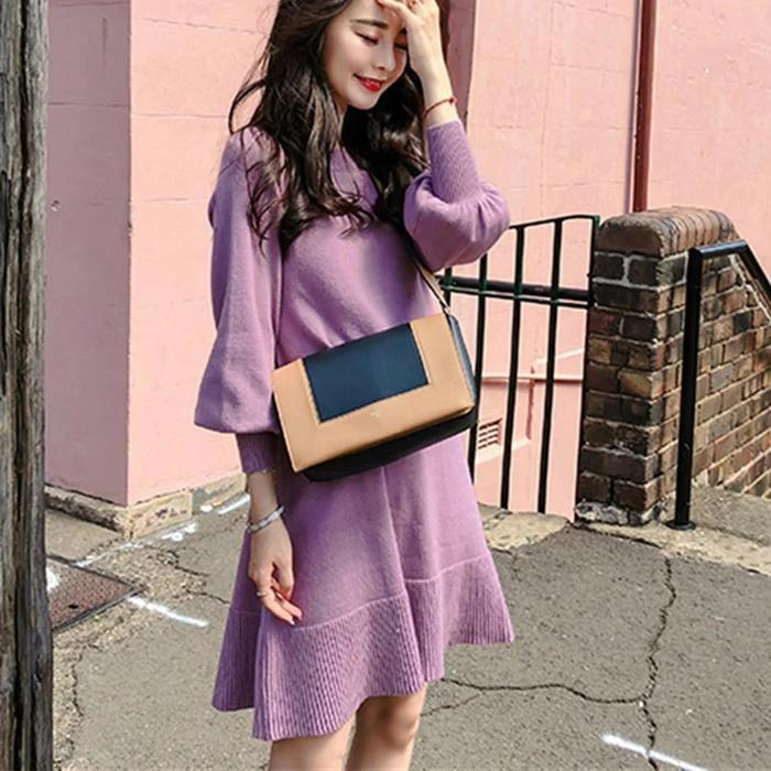 Mandotos French style orange sweater skirt for fall and winter, cozy knit design with a fitted silhouette.