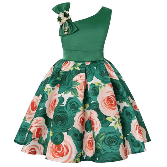 Girls' princess dresses by MANDOTOS featuring colorful digital print, suitable for children, with flowing fabric and vibrant design.