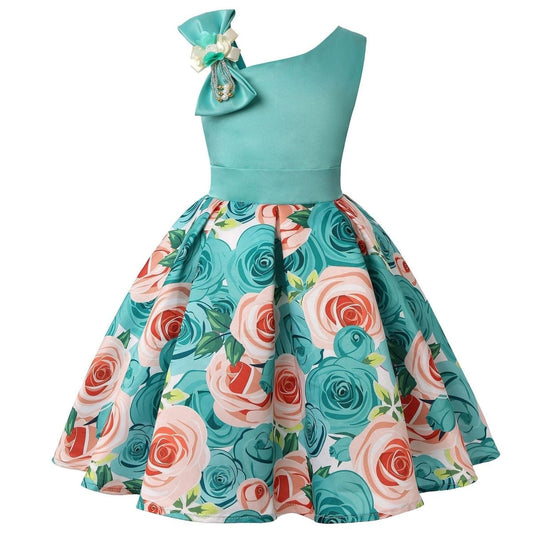 Girls' princess dresses by MANDOTOS featuring colorful digital print and charming children's dress design.