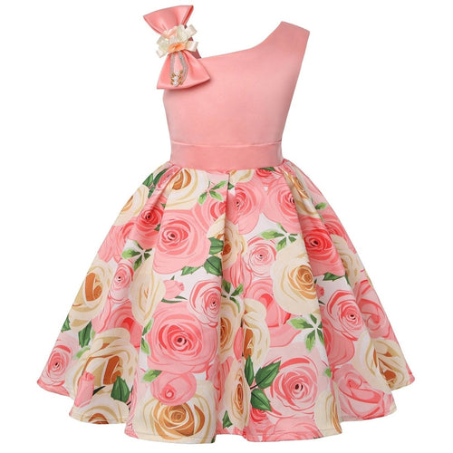 Girls' princess dresses by MANDOTOS featuring colorful digital print, perfect for children’s special occasions and dress-up fun.