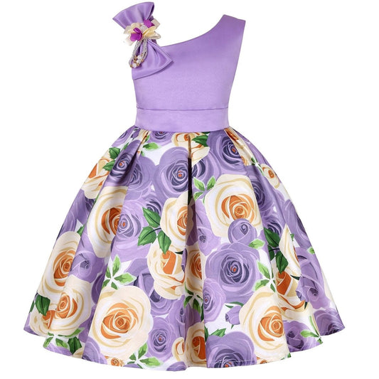 Girls' princess dresses by MANDOTOS featuring colorful digital print, perfect for children's special occasions and parties.