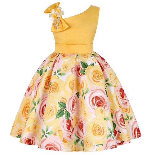 Girls' princess dress by MANDOTOS featuring colorful digital print, perfect for children's special occasions and dress-up fun.