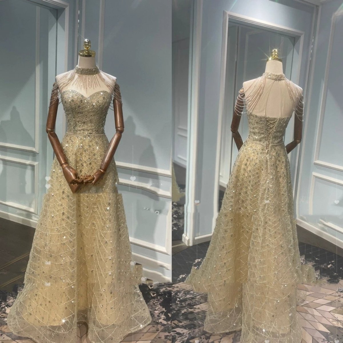 Mandotos golden neck hanging light luxury evening dress with elegant design and stylish details for special occasions.