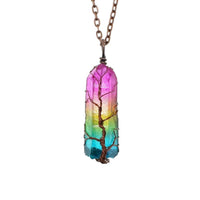 Mandotos stone crystal pillar Tree of Life pendant necklace, fashion jewelry with intricate design and natural stone details